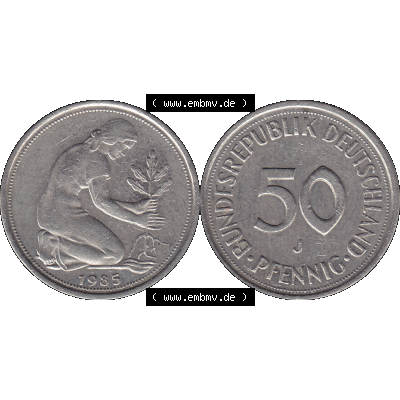 BRD Münzen 50 Pf. Umlaufmünze in PNG 1950-2001, 50 Pfennig BRD Deutschland 1985 Münzstätte Hamburg Mzz. J-01. PNG Computer-Grafik einer digitalisierten 50... Sammlung