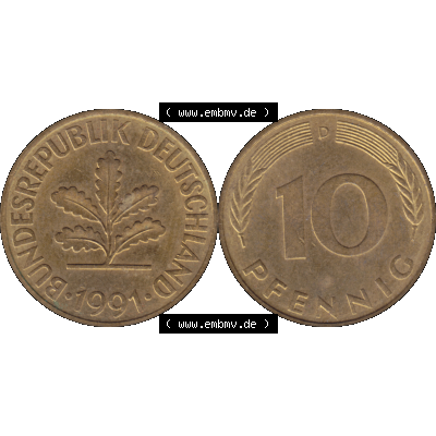 BRD Münzen 10 Pf. Umlaufmünze in PNG 1950-2001, 10 Pfennig 1991 D-03. Vorderseite und Rückseite mit Wert-Zahl auf einen Bild / Foto der digitalisierten 10 Pfennig... Sammlung