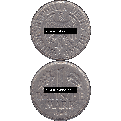 BRD Münzen 1 DM, Umlaufmünze 1950-2001, 1 / Eine DM - Eine Deutsche Mark, 1954 G-1. transparente PNG-Grafik der Münzen-Rückseite und Münzen-Vorderseite... Sammlung
