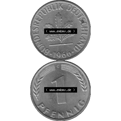 BRD Münzen 1 Pfennig BRD-Deutschland Umlaufmünze in Graustufen PNG 1950-2001, 1 Pfennig 1966, 1960er Jahre Münzstätte Karlsruhe G-01. Graustufen-Bild erstellt aus... Sammlung