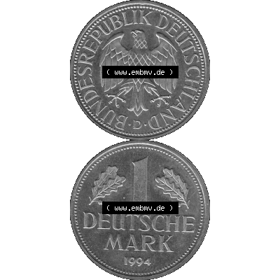 BRD Deutschland Münzen 1 / Eine DM / Eine Deutsche Mark in Graustufen PNG 1950-2001, 1 DM Deutsche Mark, 1994 Münzzeichen für München Mzz. D-01 Graustufen.... Sammlung