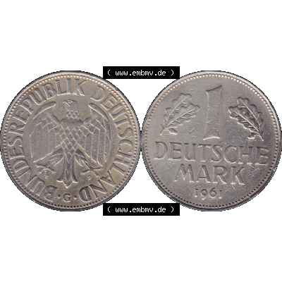 BRD Münzen 1 DM, Umlaufmünze 1950-2001, 1 / Eine DM - Eine Deutsche Mark, 1961 G-1. Münzen-Rückseite und Münzen-Vorderseite als transparente PNG-Grafik... Sammlung