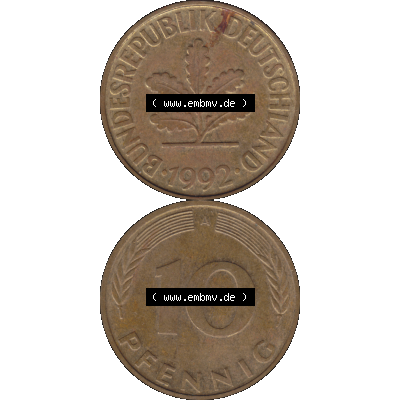 BRD Münzen 10 Pf. Umlaufmünze in PNG 1990-2001, 10 Pfennig 1992 A-01. Vorderseite und Rückseite auf einen Bild / Foto vertikal untereinander zusammengefügt,... Sammlung