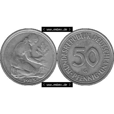 BRD Münzen Deutschland G 50 Pf. Umlaufmünze in Graustufen PNG 1950-2001, 50 Pfennig 1985 Münzzeichen "G" für Karlsruhe - "G"-01 Graustufen. PNG... Sammlung