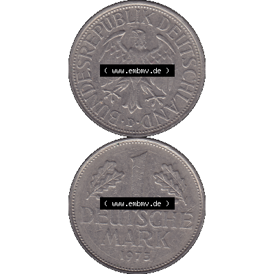 BRD Münzen 1 DM, Umlaufmünze 1950-2001, 1 / Eine DM - Eine Deutsche Mark, 1973 D-1. Münzen-Rückseite und Münzen-Vorderseite vertikal untereinander... Sammlung