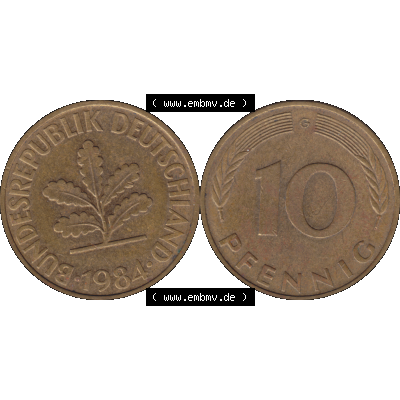 BRD Münzen 10 Pf. Umlaufmünze in PNG 1950-2001, 10 Pfennig 1984 G-01. Vorderseite und Rückseite mit Wert-Zahl auf einen Bild / Foto der digitalisierten 10 Pfennig... Sammlung