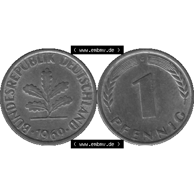 BRD Münzen 1 Pfennig BRD-Deutschland Umlaufmünze in Graustufen PNG 1950-2001, 1 Pfennig 1969, 1960er Jahre Münzstätte Karlsruhe G-01. Graustufen-Bilder der Vorderseite... Sammlung