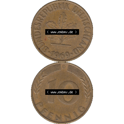 BRD Münzen 10 Pf. Umlaufmünze in PNG 1950-2001, 10 Pfennig 1969 D-01. Vorderseite und Rückseite auf einen Bild / Foto vertikal untereinander zusammengefügt,... Sammlung