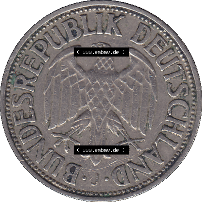BRD Münzen 1 DM, Umlaufmünze 1950-2001, BRD Deutschland 1 / Eine DM - 1 Eine Deutsche Mark, 1950 Münzzeichen Hamburg Mzz J-1. Vorderseite einer 1 DM, 1... Sammlung