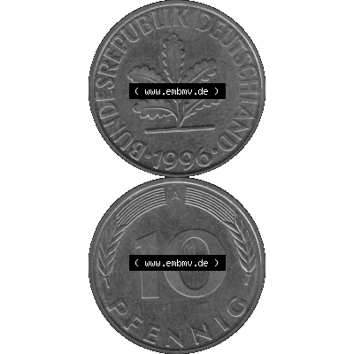 BRD Münzen 10 Pf. Umlaufmünze in PNG 1990-2001, 10 Pfennig 1996 A-01 Graustufen. Graustufen-Bilder mit Vorderseite und Rückseite auf einen Bild / Foto vertikal untereinander... Sammlung