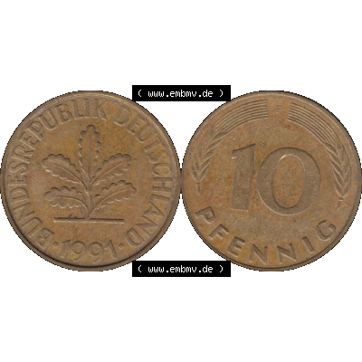 BRD Münzen 10 Pf. Umlaufmünze in PNG 1950-2001, 10 Pfennig 1991 F-05. Vorderseite und Rückseite mit Wert-Zahl auf einen Bild / Foto der digitalisierten 10 Pfennig... Sammlung