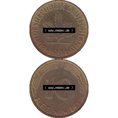 BRD Münzen 10 Pf. Umlaufmünze in PNG 1950-2001, 10 Pfennig 1994 D-01. Vorderseite und Rückseite auf einen Bild / Foto vertikal untereinander zusammengefügt,... Sammlung