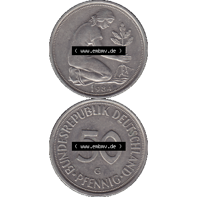 BRD Münzen 50 Pf. Umlaufmünze in PNG 1950-2001, 50 Pfennig BRD Deutschland 1984 Münzstätte in Karlsruhe Mzz. G-01. 50 Pfennig Münze BRD der 1980-er Jahre.... Sammlung