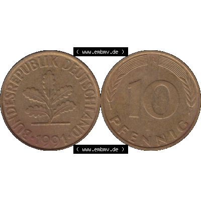 BRD Münzen 10 Pf. Umlaufmünze in PNG 1990-2001, 10 Pfennig 1991 A-01. Vorderseite und Rückseite mit Wert-Zahl auf einen Bild / Foto der digitalisierten 10 Pfennig... Sammlung