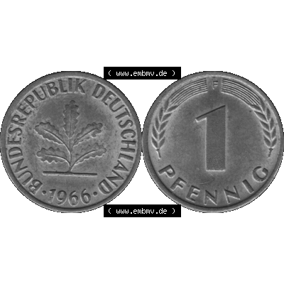 BRD Münzen 1 Pfennig Umlaufmünze in Graustufen PNG 1950-2001, 1 Pfennig 1966, 1960er Jahre Mzz. F-01. Graustufen-Bild aus Farbigen Bilder mit Vorderseite und Rückseite... Sammlung