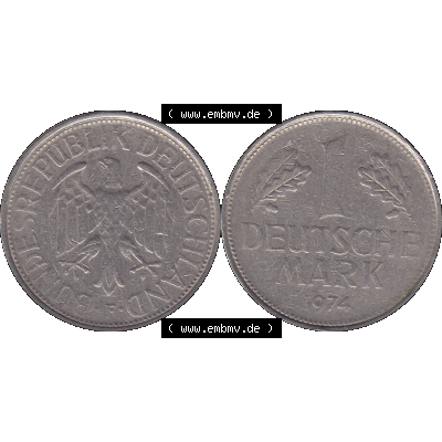BRD Münzen 1 DM, Umlaufmünze 1950-2001, 1 / Eine DM - Eine Deutsche Mark, 1974 F-1. Münzen-Rückseite und Münzen-Vorderseite als transparente PNG-Grafik... Sammlung