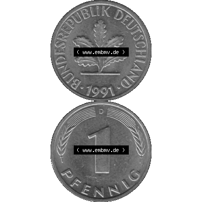 BRD Münzen 1 Pfennig Umlaufmünze in Graustufen PNG 1950-2001, 1 Pfennig 1991 München D-01. Graustufen-Bild erstellt aus Farbigen Bild mit Vorderseite und Rückseite auf... Sammlung