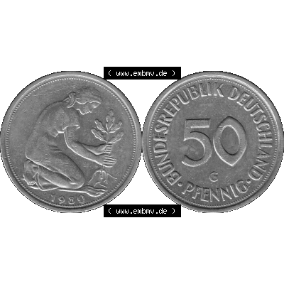 BRD Münzen Deutschland G 50 Pf. Umlaufmünze in Graustufen PNG 1950-2001, 50 Pfennig 1980 Münzzeichen "G" für Karlsruhe - "G"-01 Graustufen. PNG... Sammlung