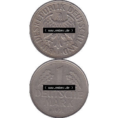 BRD Münzen 1 DM, Umlaufmünze 1950-2001, BRD Deutschland 1 / Eine DM - 1 Eine Deutsche Mark, 1971 Münzzeichen Hamburg Mzz J-1. Münzen-Rückseite und... Sammlung