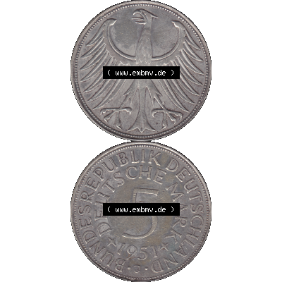 BRD Münzen 5 Deutsche Mark, 5 DM Silbermünze in 625/1000 Silber 1951-1974, 5 DM, 5 Deutsche Mark Silberadler, Heiermann 1951 J-1. Das digitale Bild/Foto... Sammlung