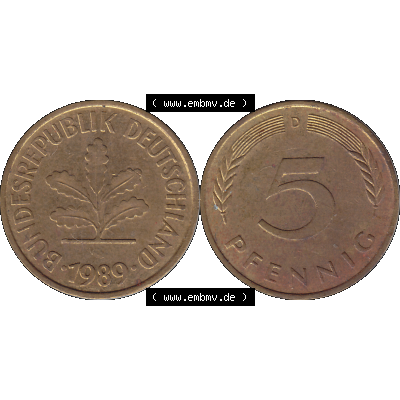 BRD Münzen 5 Pf., Umlaufmünze 1950-2001, 5 Pfennig Deutschland der BRD, 1989 Münzstätte München Mzz. D-01. Vorderseite und Rückseite... Sammlung