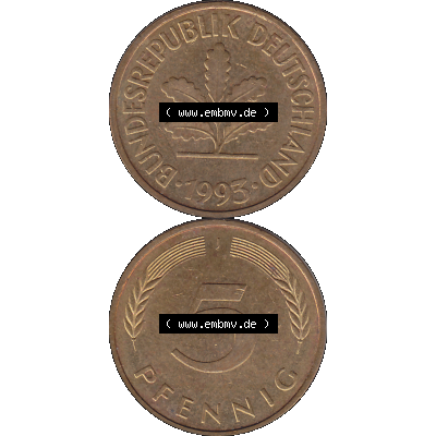 BRD Münzen 5 Pf., Umlaufmünze 1950-2001, 5 Pfennig, 1993 J-01. PNG Computer-Grafik einer digitalisierten 5 Pfennig Münze aus den Bundesrepublik Deutschland... Sammlung