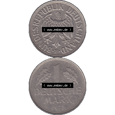 BRD Münzen 1 DM, Umlaufmünze 1950-2001, 1 / Eine DM - Eine Deutsche Mark, 1973 F-1. Münzen-Rückseite und Münzen-Vorderseite vertikal untereinander... Sammlung