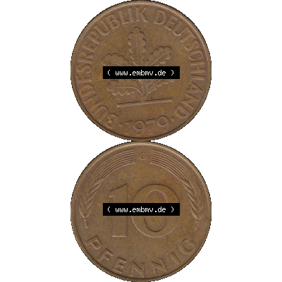 BRD Münzen 10 Pf. Umlaufmünze in PNG 1950-2001, 10 Pfennig 1979 G-01. Vorderseite und Rückseite auf einen Bild / Foto vertikal untereinander zusammengefügt,... Sammlung