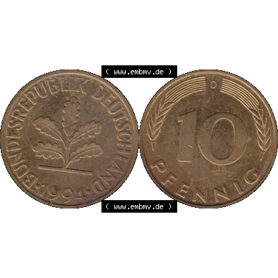 BRD Münzen 10 Pf. Umlaufmünze in PNG 1950-2001, 10 Pfennig 1994 D-03. Vorderseite und Rückseite mit Wert-Zahl auf einen Bild / Foto der digitalisierten 10 Pfennig... Sammlung