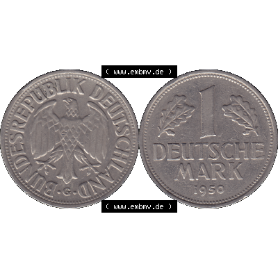 BRD Münzen 1 DM, Umlaufmünze 1950-2001, 1 / Eine DM - Eine Deutsche Mark, 1950 G-1. Münzen-Rückseite und Münzen-Vorderseite als transparente PNG-Grafik... Sammlung