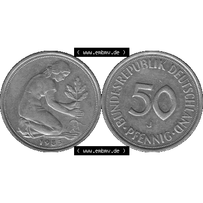 BRD Münzen Deutschland J 50 Pf. Umlaufmünze in Graustufen PNG 1950-2001, 50 Pfennig 1983 Münzzeichen "J" für Hamburg "J"-01 Graustufen. PNG Computer-Grafik... Sammlung