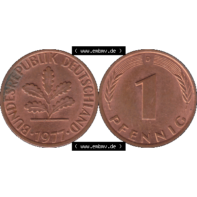 BRD Münzen in PNG 1950-2001, 1 Pfennig der BRD Deutschland 1977, 1970er Jahre Mzz. München D-01. Die PNG-Grafik zeigt eine 1 Pfennig Münze der Bundesrepublik Deutschland.... Sammlung