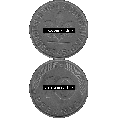 BRD Münzen 10 Pf. Umlaufmünze in PNG 1950-2001, 10 Pfennig 1995 D-12 Graustufen. Graustufen-Bild erstellt aus Farbigen Bild mit Vorderseite und Rückseite auf einen Bild... Sammlung