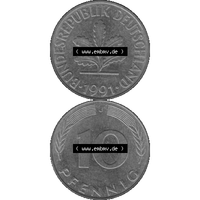 BRD Münzen 10 Pf. Umlaufmünze in PNG 1950-2001, 10 Pfennig 1991 J-01 Graustufen. PNG-Bild in transparenten Graustufen aus zwei farbigen Bildern vom Scanner mit Vorderseite... Sammlung