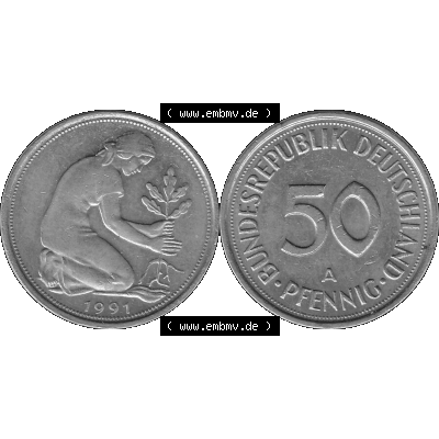 BRD Münzen Deutschland A 50 Pf. Umlaufmünze in Graustufen PNG 1990-2001, 50 Pfennig 1991 Münzzeichen "A" für Berlin - "A"-01 Graustufen. PNG... Sammlung
