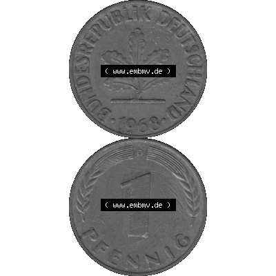 BRD Münzen 1 Pfennig Umlaufmünze in Graustufen PNG 1950-2001, 1 Pfennig 1968 München D-01. Graustufen-Bild erstellt aus Farbigen Bild mit Vorderseite und Rückseite auf... Sammlung