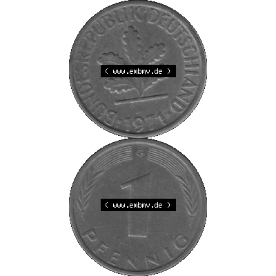 BRD Münzen 1 Pfennig BRD-Deutschland Umlaufmünze in Graustufen PNG 1950-2001, 1 Pfennig 1971, 1970er Jahre Münzstätte Karlsruhe G-01. Graustufen-Bild erstellt aus... Sammlung