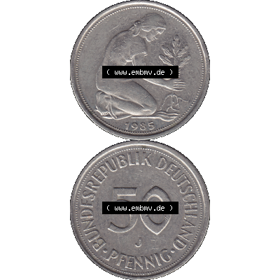 BRD Münzen 50 Pf. Umlaufmünze in PNG 1950-2001, 50 Pfennig BRD Deutschland 1985 Münzstätte Hamburg Mzz. J-01. PNG Grafik einer 50 Pfennig Münze aus den... Sammlung