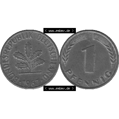 BRD Münzen 1 Pfennig BRD-Deutschland Umlaufmünze in Graustufen PNG 1950-2001, 1 Pfennig 1967, 1960er Jahre Münzstätte Karlsruhe G-01. Graustufen-Bilder der Vorderseite... Sammlung