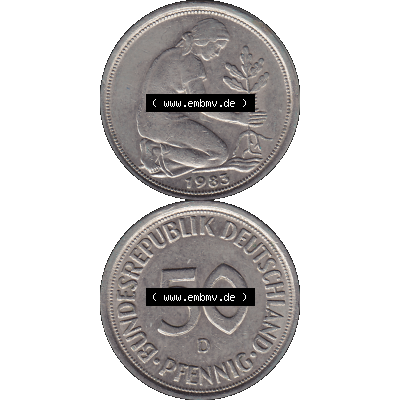 BRD Münzen 50 Pf. Umlaufmünze in PNG 1950-2001, 50 Pfennig BRD Deutschland 1983 Münzstätte München Mzz. D-01. Vorderseite und Rückseite auf einen... Sammlung