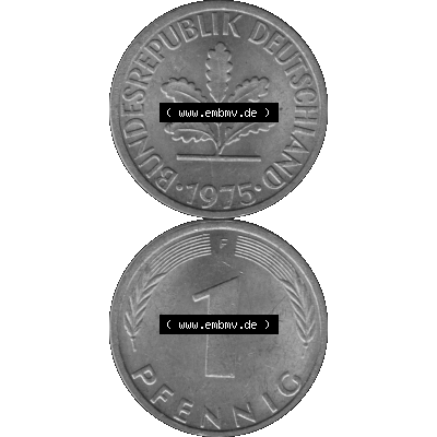BRD Münzen 1 Pfennig Umlaufmünze in Graustufen PNG 1950-2001, 1 Pfennig 1975, 1970er Jahre Mzz. F-01. Graues-Bild 1 Pfennig F aus farbigen Bild erstellt mit Vorderseite... Sammlung