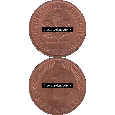 BRD Münzen in PNG 1950-2001, 1 Pfennig der BRD Deutschland 1976, 1970er Jahre Mzz. München D-01. Hier befindet sich eine PNG-Grafik einer 1 Pfennig Münze BRD mit... Sammlung