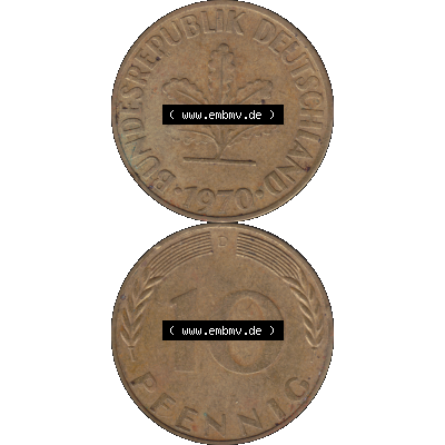 BRD Münzen 10 Pf. Umlaufmünze in PNG 1950-2001, 10 Pfennig 1970 D-01. Vorderseite und Rückseite auf einen Bild / Foto vertikal untereinander zusammengefügt,... Sammlung