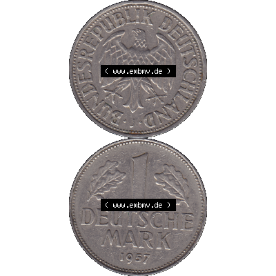 BRD Münzen 1 DM, Umlaufmünze 1950-2001, BRD Deutschland 1 / Eine DM - 1 Eine Deutsche Mark, 1957 Münzzeichen Hamburg Mzz J-1. Münzen-Rückseite und... Sammlung