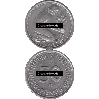BRD Münzen 50 Pf. Umlaufmünze in PNG 1950-2001, 50 Pfennig BRD Deutschland 1995 München D-1. Transparente Vorderseite und Rückseite der Münze vertikal untereinander... Sammlung