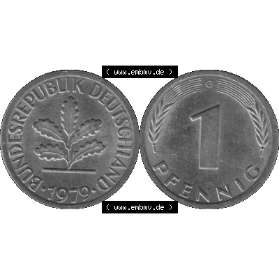 BRD Münzen 1 Pfennig BRD-Deutschland Umlaufmünze in Graustufen PNG 1950-2001, 1 Pfennig 1979, 1970er Jahre Münzstätte Karlsruhe G-01. Graustufen-Bilder der Vorderseite... Sammlung