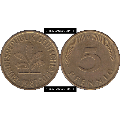 BRD Münzen 5 Pf., Umlaufmünze 1950-2001, 5 Pfennig Deutschland der BRD, 1987 Münzstätte München Mzz. D-01. Vorderseite und Rückseite... Sammlung