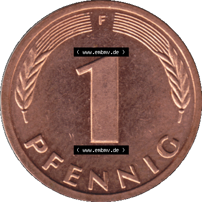 BRD Münzen 1 Pfennig Umlaufmünze in PNG 1950-2001, 1 Pfennig 1985, 1980er Jahre Stuttgart F-01. Rückseite mit Wert-Zahl der digitalisierten 1 Pfennig F, mit Mzz.... Sammlung