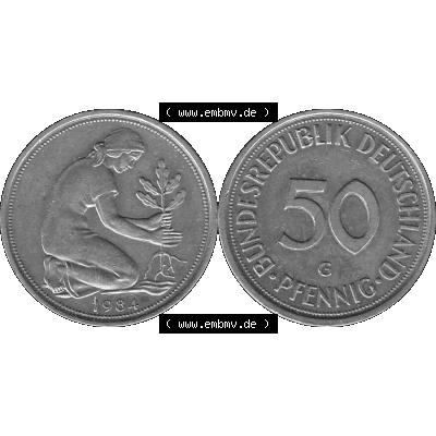 BRD Münzen Deutschland G 50 Pf. Umlaufmünze in Graustufen PNG 1950-2001, 50 Pfennig 1984 Münzzeichen "G" für Karlsruhe - "G"-01 Graustufen. PNG... Sammlung