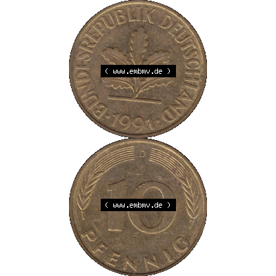 BRD Münzen 10 Pf. Umlaufmünze in PNG 1950-2001, 10 Pfennig 1991 D-10. Vorderseite und Rückseite auf einen Bild / Foto vertikal untereinander zusammengefügt,... Sammlung